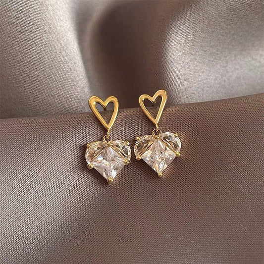 Silver Needle Stud Love Zircon Earrings